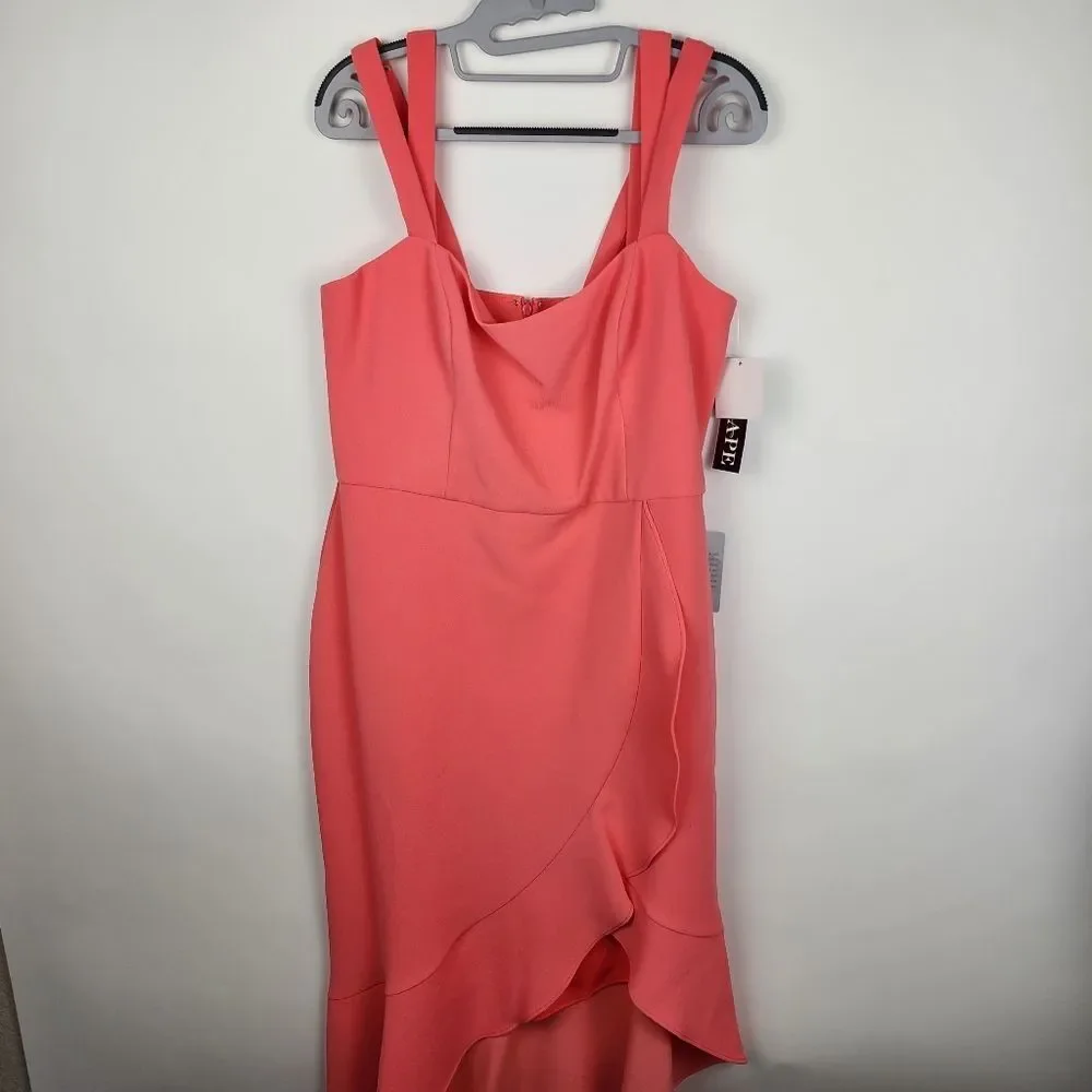 XSCAPE WOMENS 14 Double Strap Crepe Dress Coral HI LOW SLEEVELESS RUFFLE NWT NEW - Picture 3 of 11